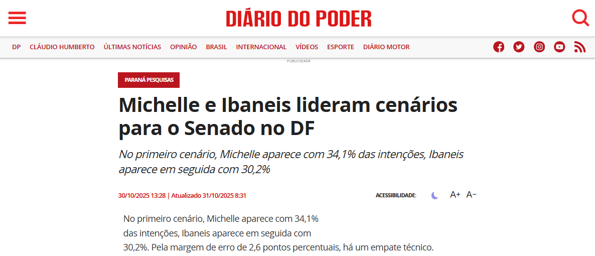 Diário do Poder cita pesquisa realizada pela Paraná Pesquisas no Distrito Federal.
