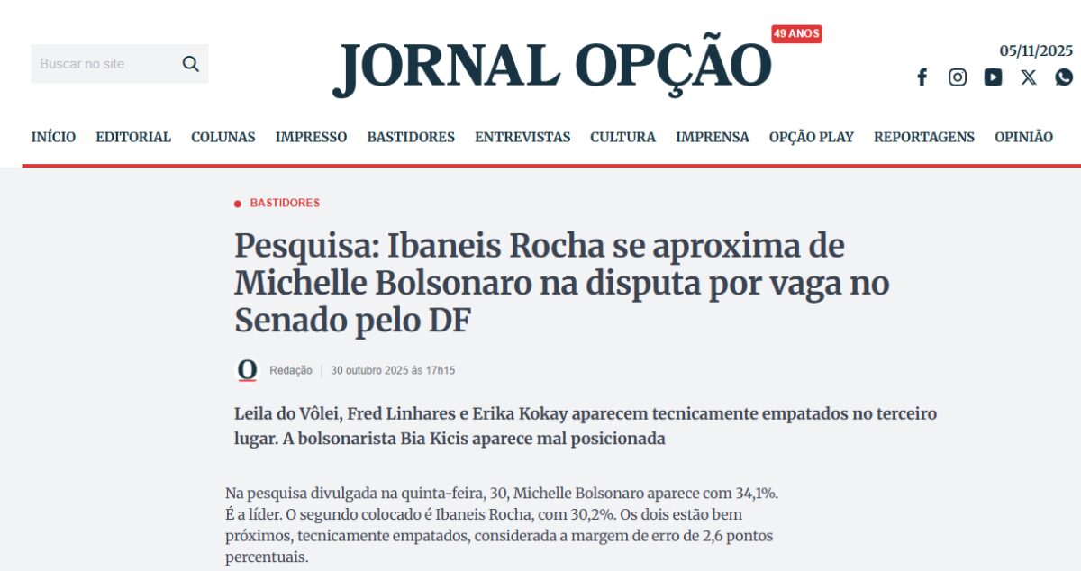 Jornal Opção cita pesquisa realizada pela Paraná Pesquisas no Distrito Federal. 2 Jornal Opção cita pesquisa realizada pela Paraná Pesquisas no Distrito Federal.