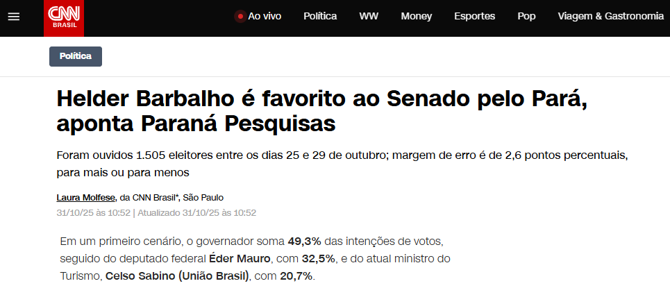 CNN Brasil pesquisa realizada pela Paraná Pesquisas no Estado do Pará. 2 CNN Brasil pesquisa realizada pela Paraná Pesquisas no Estado do Pará.