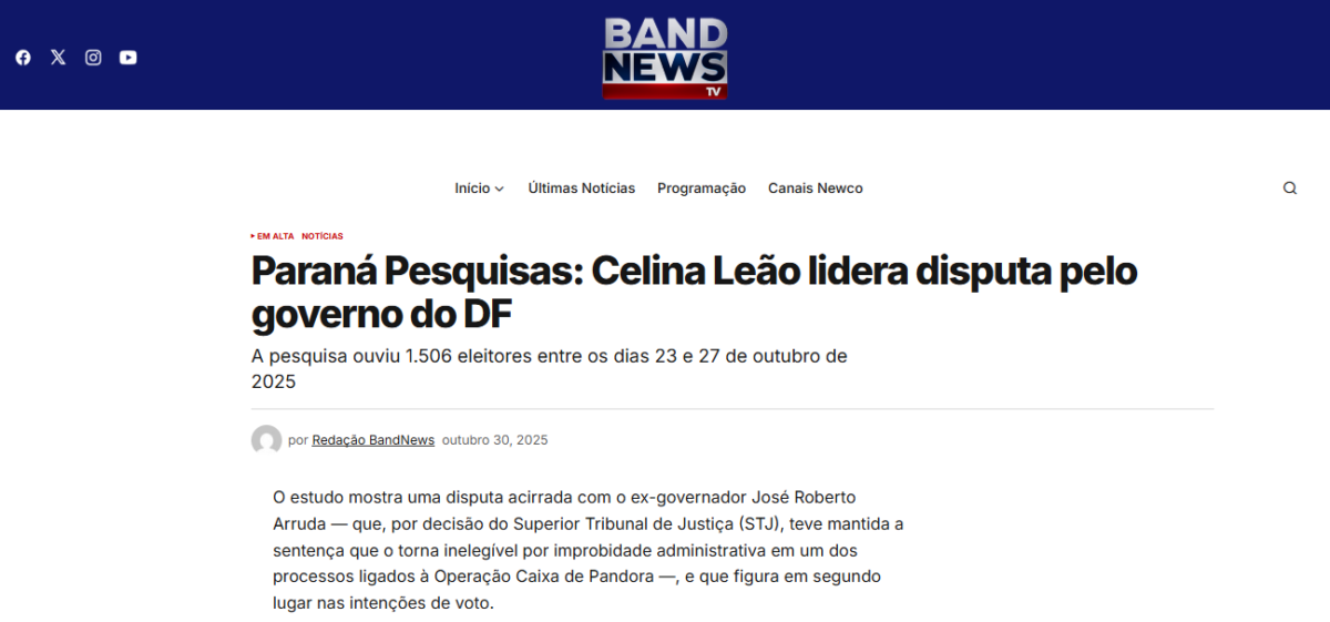 Band News TV cita pesquisa realizada pela Paraná Pesquisas no Distrito Federal.