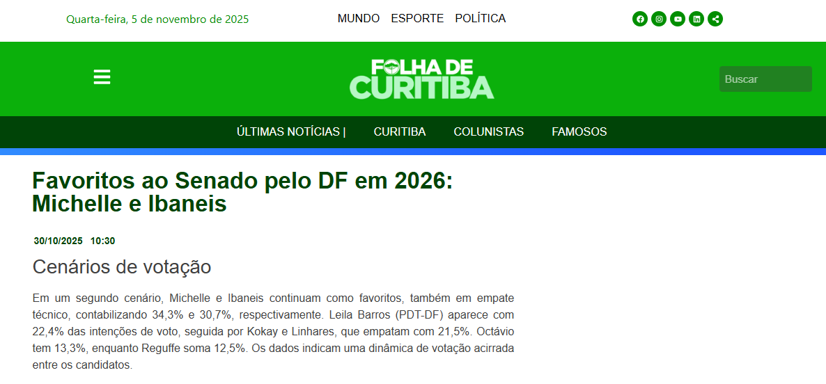 Folha de Curitiba cita pesquisa realizada pela Paraná Pesquisas no Distrito Federal. 2 Folha de Curitiba cita pesquisa realizada pela Paraná Pesquisas no Distrito Federal.
