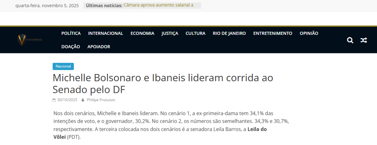 Vista Pátria cita pesquisa realizada pela Paraná Pesquisas no Distrito Federal.