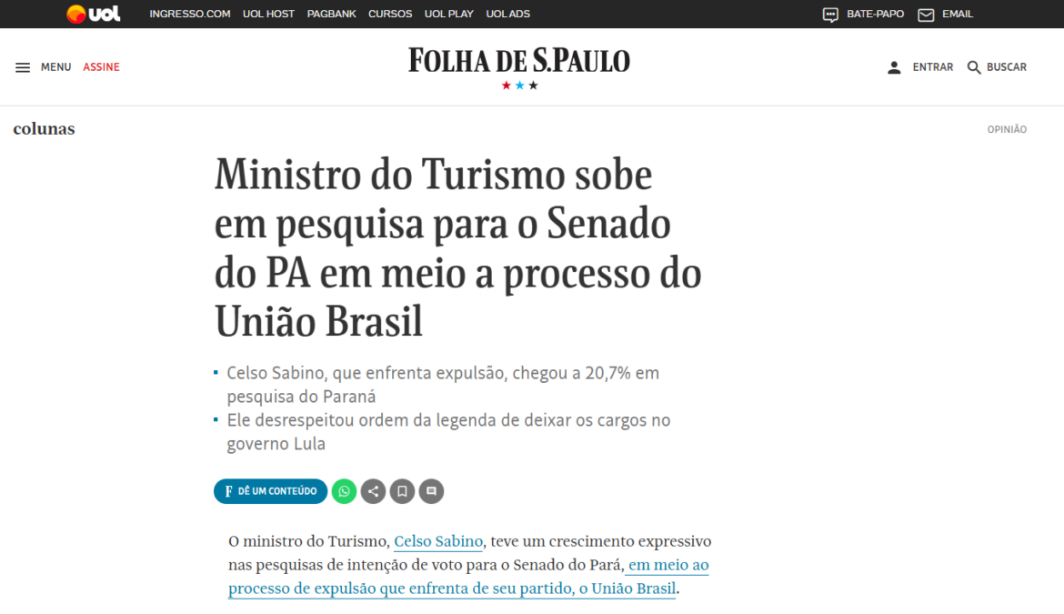 Folha de São Paulo cita pesquisa realizada pela Paraná Pesquisas no no Estado do Pará.