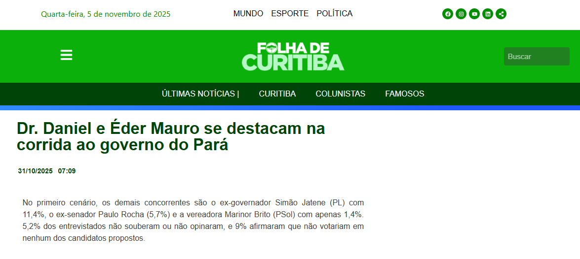 Folha de Curitiba cita pesquisa realizada pela Paraná Pesquisas no no Estado do Pará. 2 Folha de Curitiba cita pesquisa realizada pela Paraná Pesquisas no no Estado do Pará.