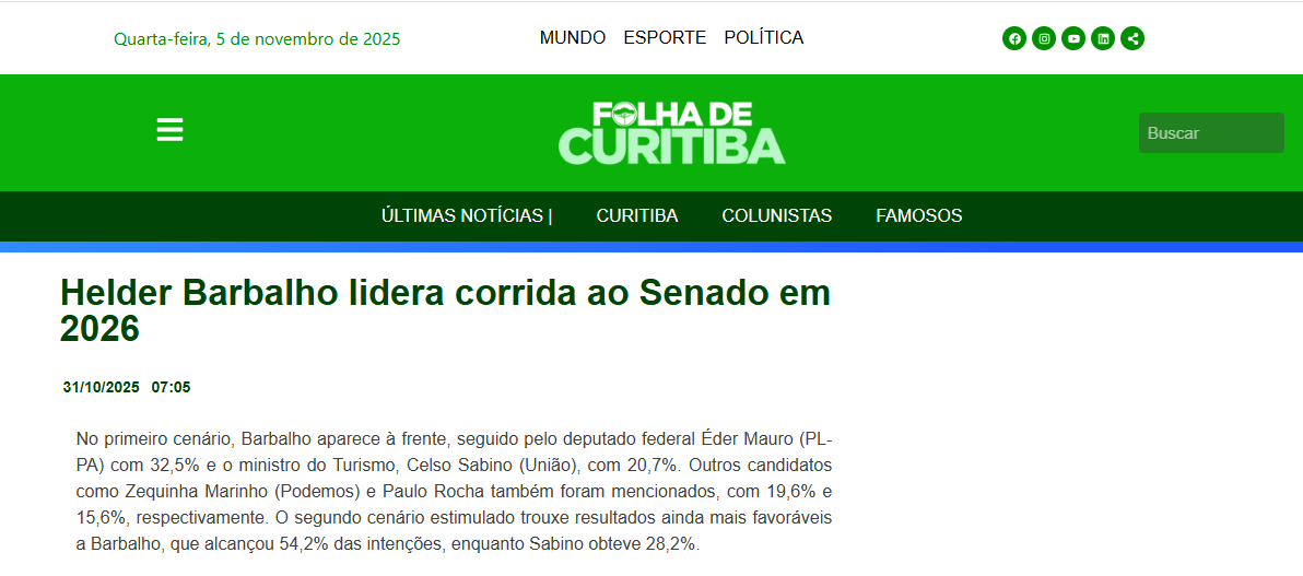 Folha de Curitiba cita pesquisa realizada pela Paraná Pesquisas no no Estado do Pará. 2 Folha de Curitiba cita pesquisa realizada pela Paraná Pesquisas no no Estado do Pará.