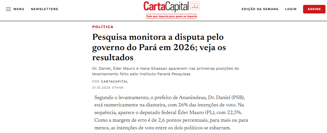Carta Capital pesquisa realizada pela Paraná Pesquisas no Estado do Pará.