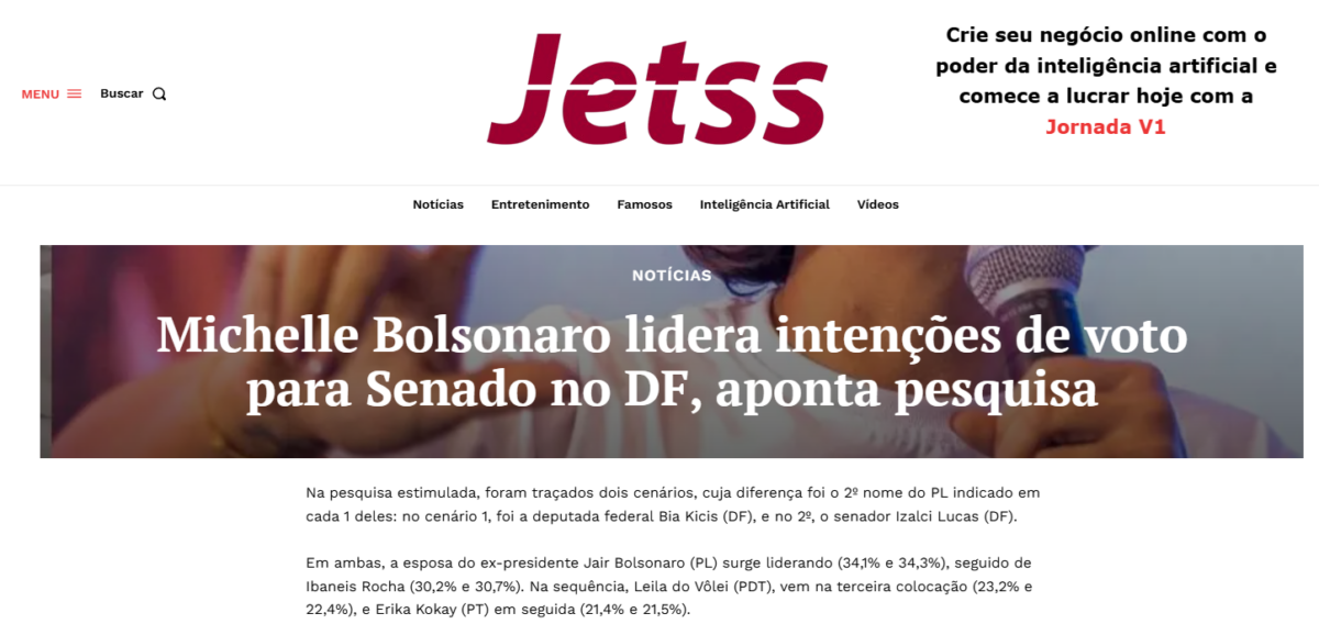 Jetss cita pesquisa realizada pela Paraná Pesquisas no Distrito Federal.