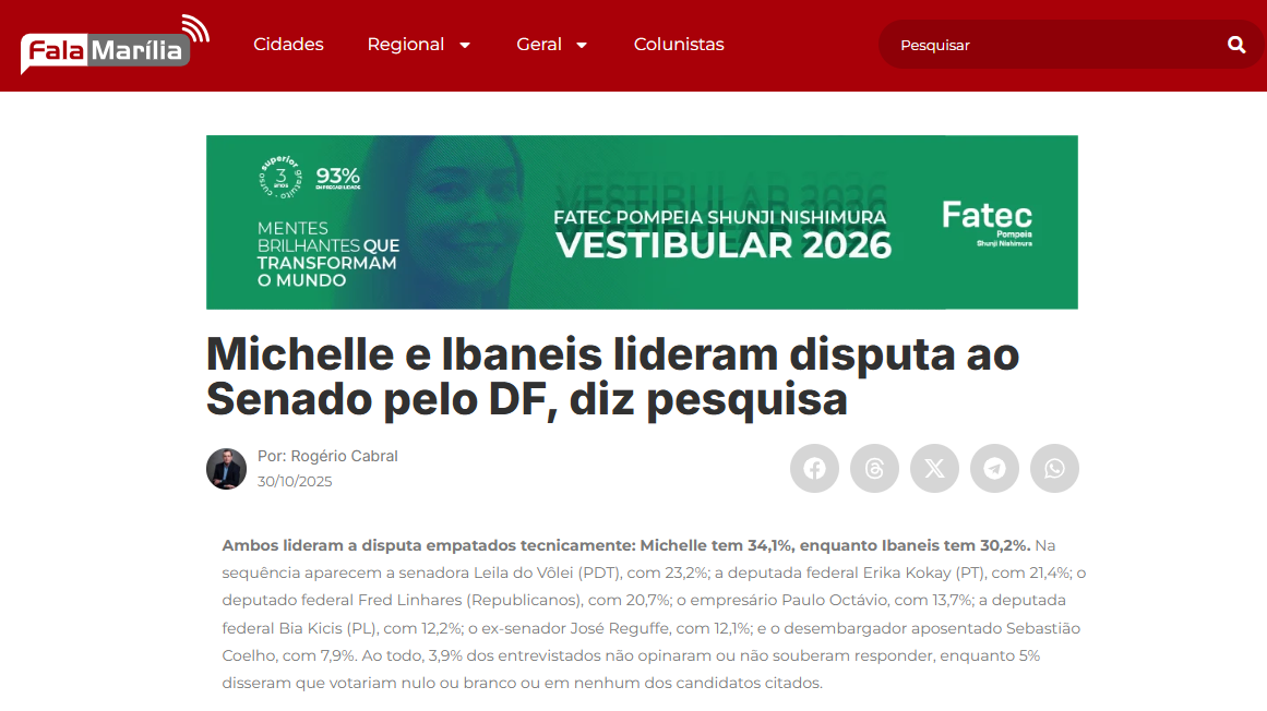 Fala Marília cita pesquisa realizada pela Paraná Pesquisas no Distrito Federal.
