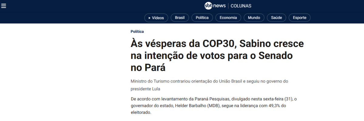 SBT News cita pesquisa realizada pela Paraná Pesquisas no no Estado do Pará. 2 SBT News cita pesquisa realizada pela Paraná Pesquisas no no Estado do Pará.