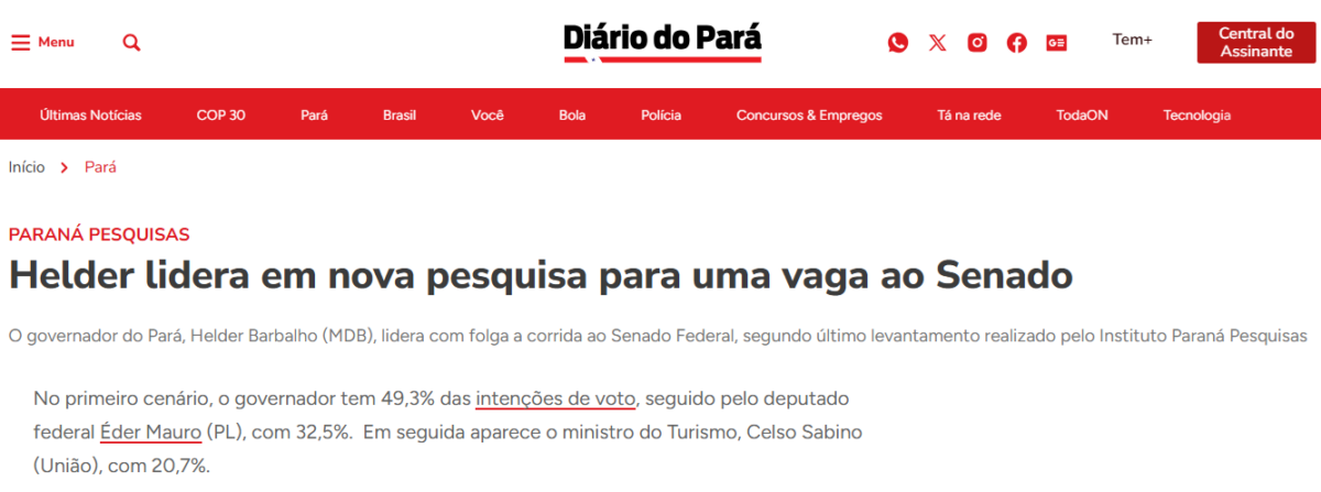 Diário do Pará cita pesquisa realizada pela Paraná Pesquisas no no Estado do Pará.