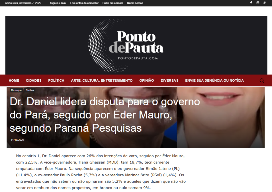 Ponto de Pauta cita pesquisa realizada pela Paraná Pesquisas no no Estado do Pará.