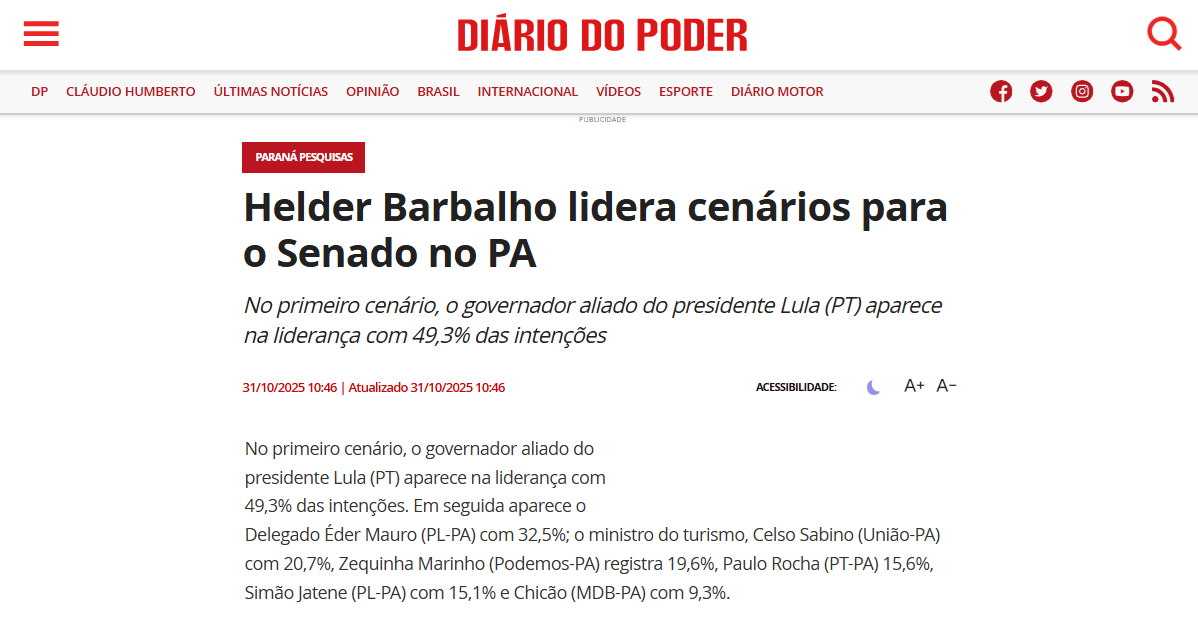 Diário do Poder cita pesquisa realizada pela Paraná Pesquisas no no Estado do Pará. 2 Diário do Poder cita pesquisa realizada pela Paraná Pesquisas no no Estado do Pará.
