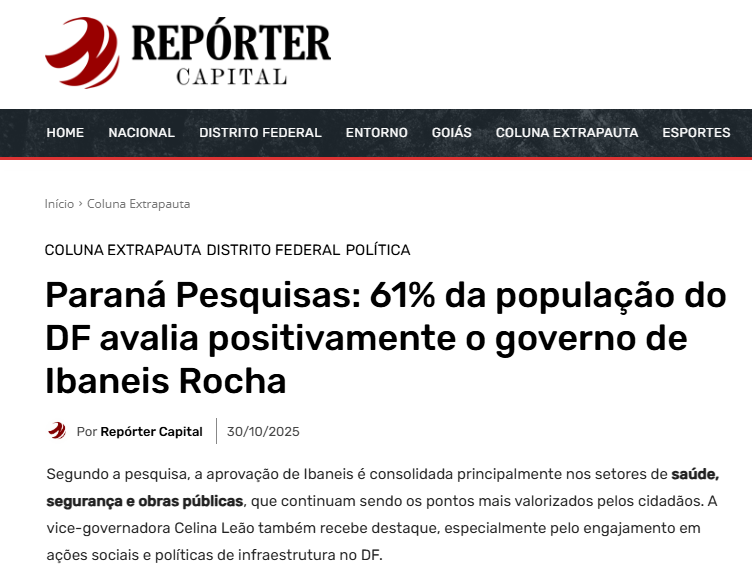 Repórter Capital cita pesquisa realizada pela Paraná Pesquisas no Distrito Federal.