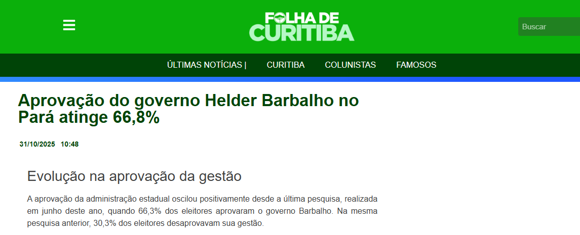 Folha de Curitiba cita pesquisa realizada pela Paraná Pesquisas no Estado do Pará. 2 Folha de Curitiba cita pesquisa realizada pela Paraná Pesquisas no Estado do Pará.