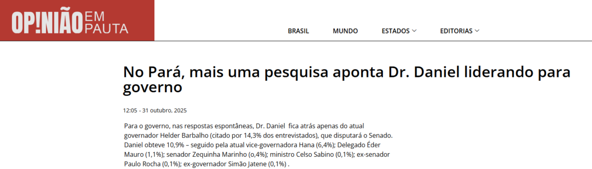 Opinião em Pauta pesquisa realizada pela Paraná Pesquisas no Estado do Pará.
