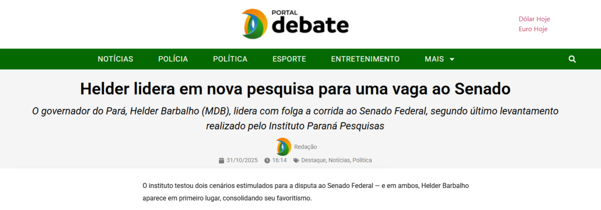 Portal Debate cita pesquisa realizada pela Paraná Pesquisas no Estado do Pará. 2 Portal Debate cita pesquisa realizada pela Paraná Pesquisas no Estado do Pará.