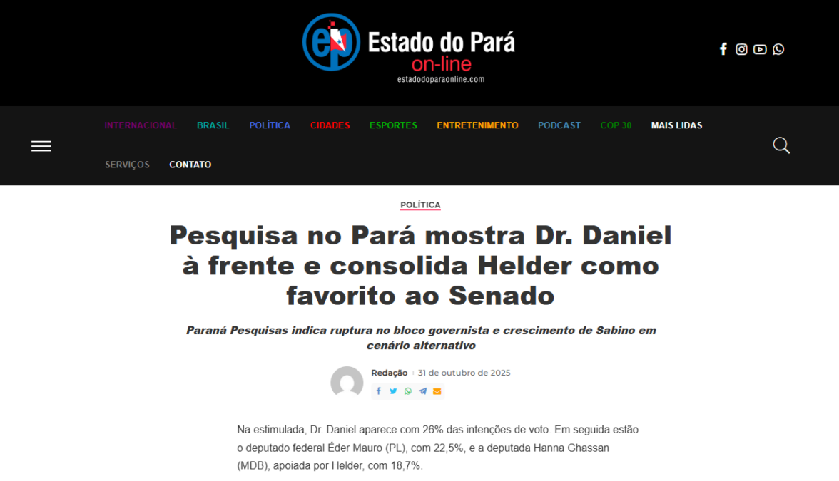 Estado do Pará Online cita pesquisa realizada pela Paraná Pesquisas no Estado do Pará.