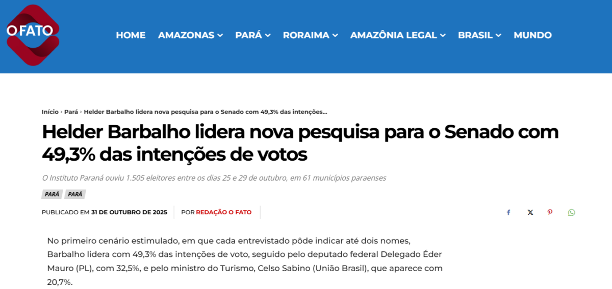 O Fato cita pesquisa realizada pela Paraná Pesquisas no Estado do Pará. 2 O Fato cita pesquisa realizada pela Paraná Pesquisas no Estado do Pará.