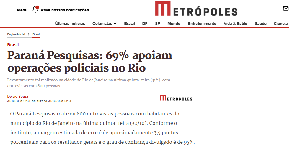 Metrópoles pesquisa realizada pela Paraná Pesquisas no Município do Rio de Janeiro.