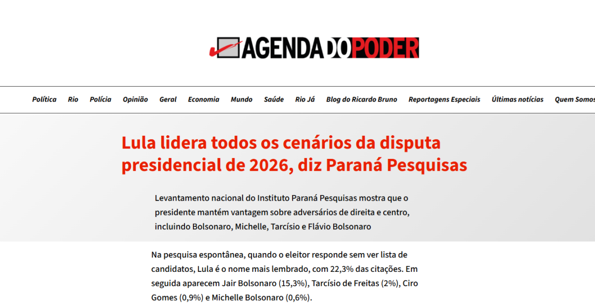 Agenda do Poder cita pesquisa realizada pela Paraná Pesquisas.