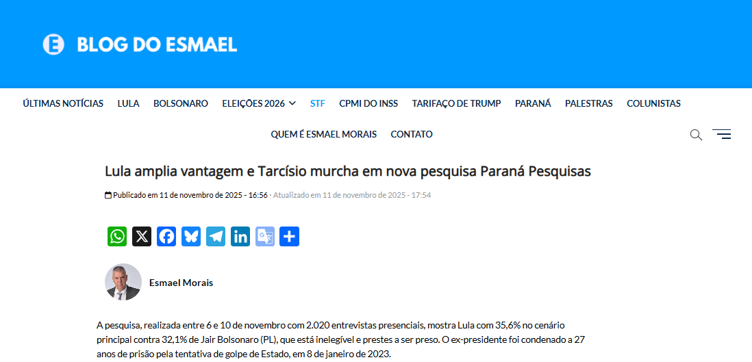 Blog do Esmael cita pesquisa realizada pela Paraná Pesquisas. 2 Blog do Esmael cita pesquisa realizada pela Paraná Pesquisas.