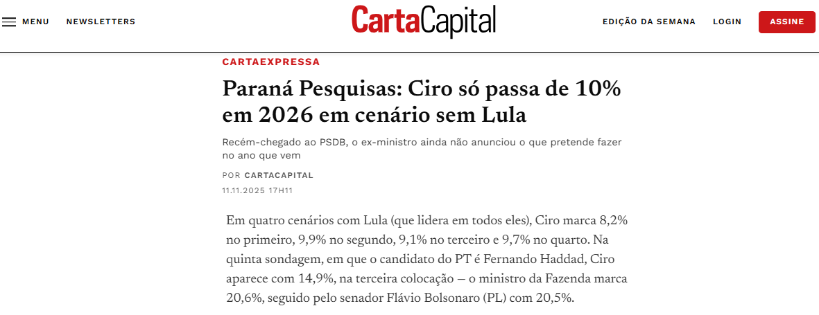 Carta Capital cita pesquisa realizada pela Paraná Pesquisas.