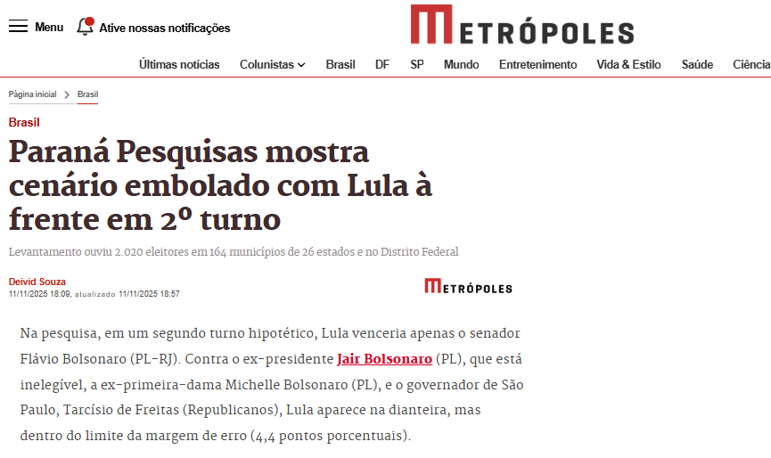 Metrópoles cita pesquisa realizada pela Paraná Pesquisas.