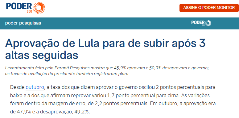 Poder 360 cita pesquisa realizada pela Paraná Pesquisas.