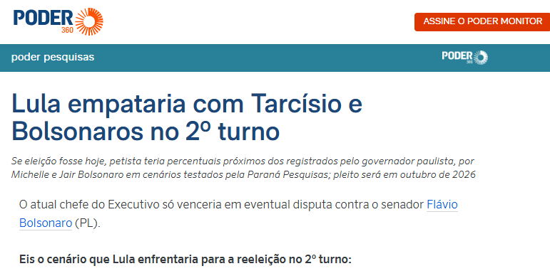 Poder 360 cita pesquisa realizada pela Paraná Pesquisas.