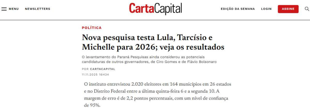 Carta Capital cita pesquisa realizada pela Paraná Pesquisas.