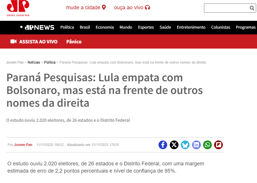 Jovem Pan cita pesquisa realizada pela Paraná Pesquisas.