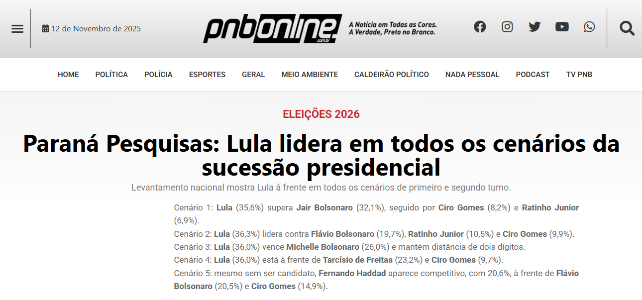 PNB Online cita pesquisa realizada pela Paraná Pesquisas.