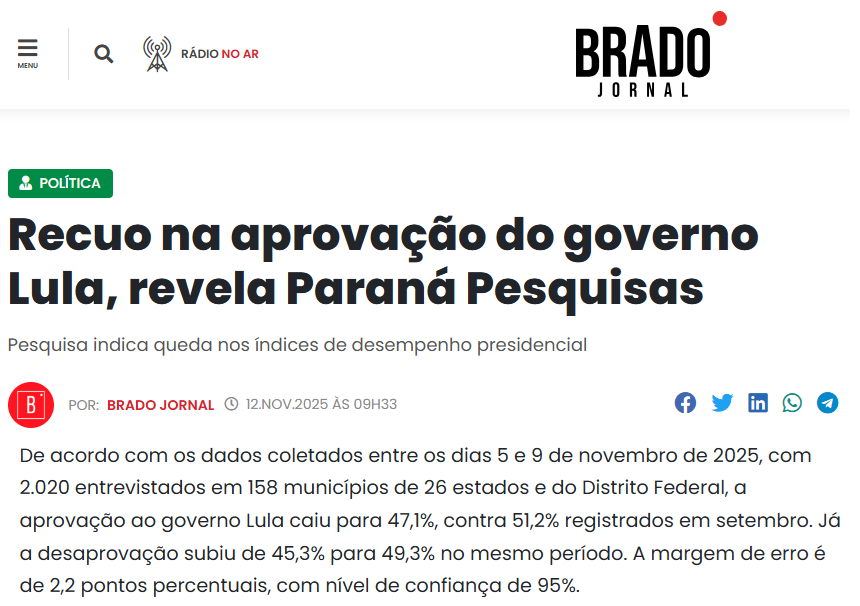 Brado Jornal cita pesquisa realizada pela Paraná Pesquisas.