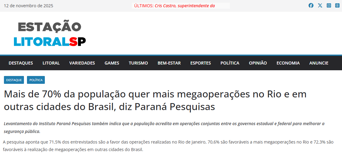 Estação Litoral SP cita pesquisa realizada pela Paraná Pesquisas.