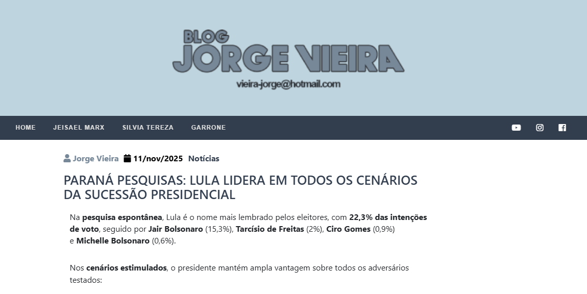 Blog do Jorge Vieira cita pesquisa realizada pela Paraná Pesquisas.