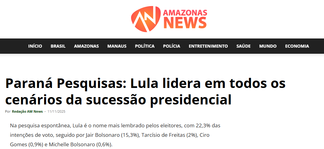 Amazonas News cita pesquisa realizada pela Paraná Pesquisas.