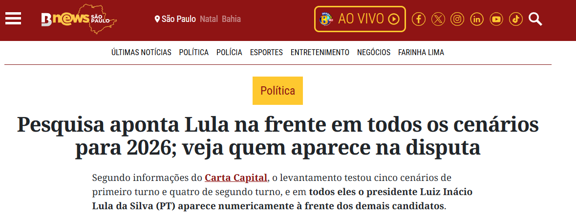 B News cita pesquisa realizada pela Paraná Pesquisas.