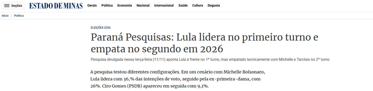 Estado de Minas cita pesquisa realizada pela Paraná Pesquisas.