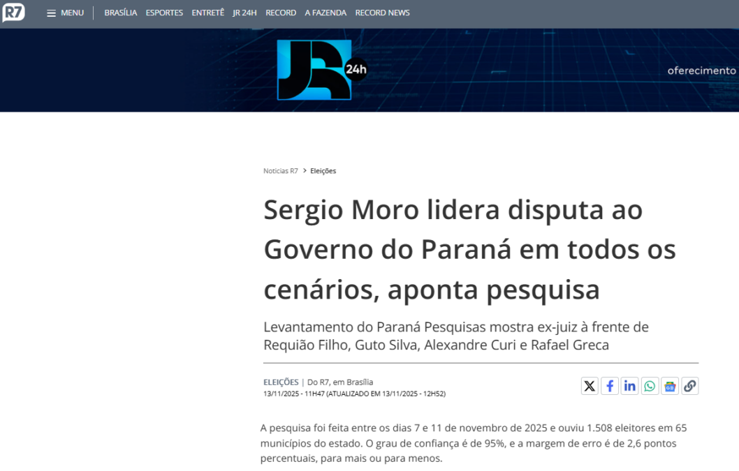 R7 Notícias cita pesquisa realizada pela Paraná Pesquisas no Estado do Paraná.