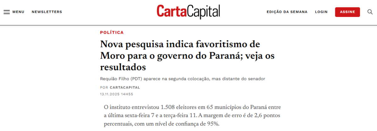 Carta Capital cita pesquisa realizada pela Paraná Pesquisas no Estado do Paraná.