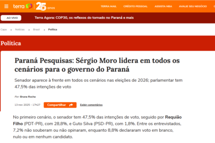 Portal Terra cita pesquisa realizada pela Paraná Pesquisas no Estado do Paraná.