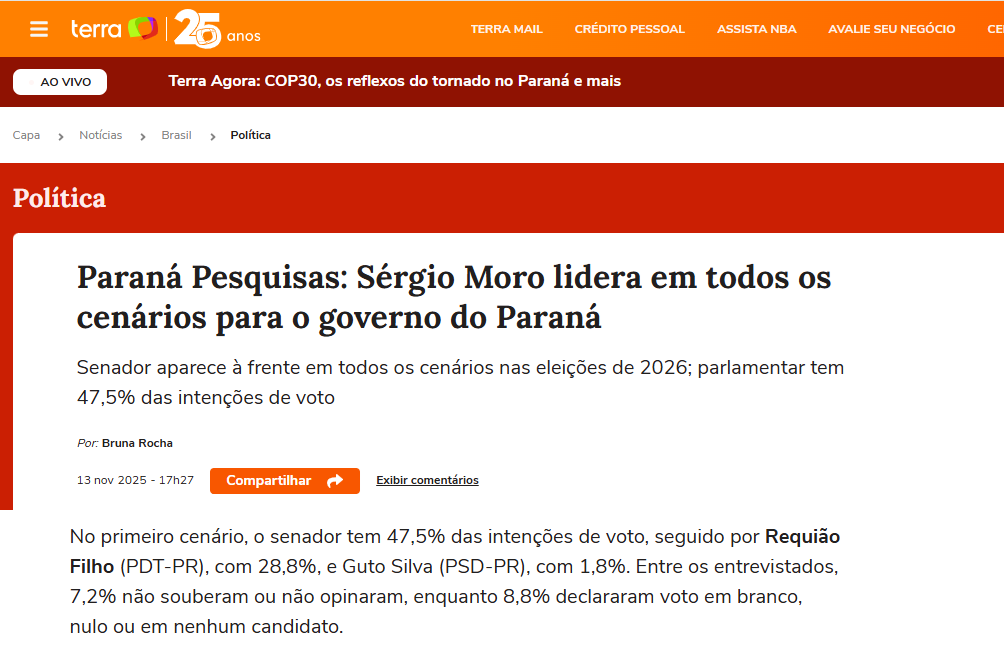 Portal Terra cita pesquisa realizada pela Paraná Pesquisas no Estado do Paraná.