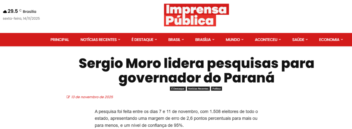 Imprensa Pública cita pesquisa realizada pela Paraná Pesquisas no Estado do Paraná.