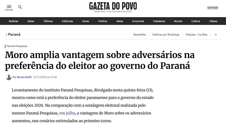Gazeta do Povo cita pesquisa realizada pela Paraná Pesquisas no Estado do Paraná.