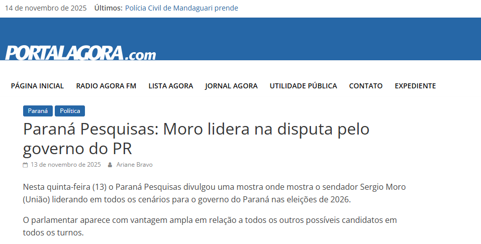 Portal Agora cita pesquisa realizada pela Paraná Pesquisas no Estado do Paraná.