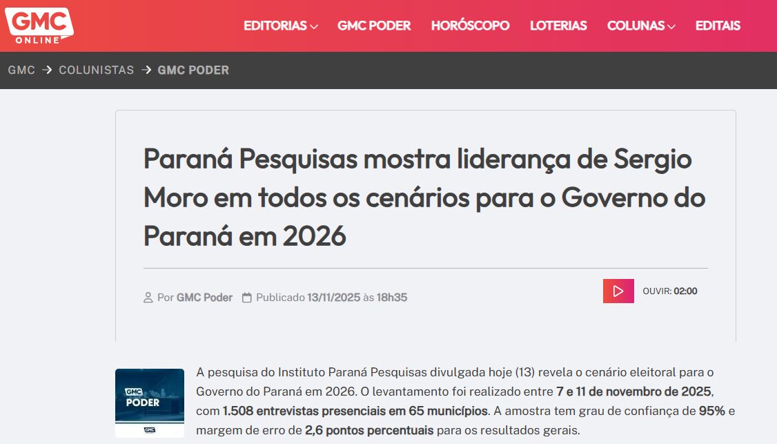 GMC Online cita pesquisa realizada pela Paraná Pesquisas no Estado do Paraná.