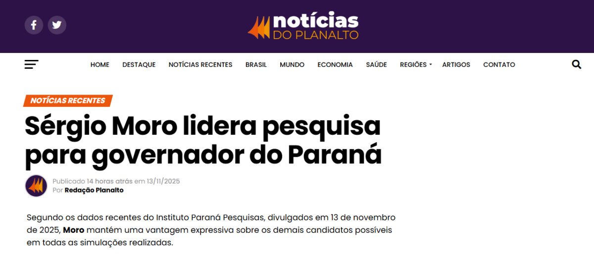 Notícias do Planalto cita pesquisa realizada pela Paraná Pesquisas no Estado do Paraná.