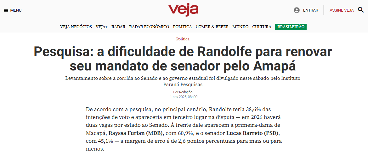 Veja pesquisa realizada pela Paraná Pesquisas no Estado do Amapá. 2 Veja pesquisa realizada pela Paraná Pesquisas no Estado do Amapá.