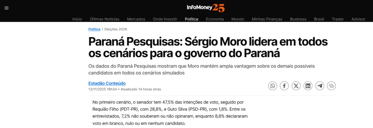 InfoMoney cita pesquisa realizada pela Paraná Pesquisas no Estado do Paraná.
