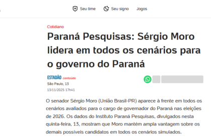 UOL Notícias cita pesquisa realizada pela Paraná Pesquisas no Estado do Paraná.